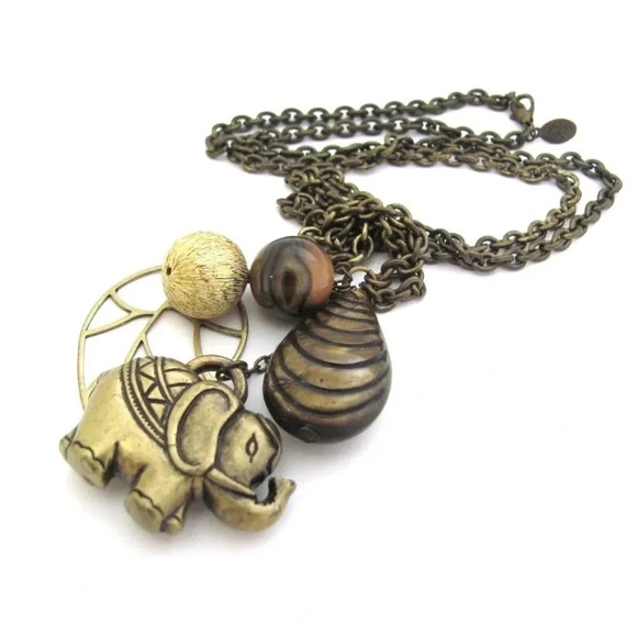 Elephant Pendant Necklace Multi Charm Leaf Antiqued Brass CR Designer 28” - Picture 1 of 6